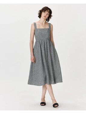 Quince European Linen Fit Flare Midi Dress S Gingham Black White Sleeveless